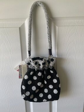 Black and White Polka Dot Beaded Drawstring Shoulder Bag